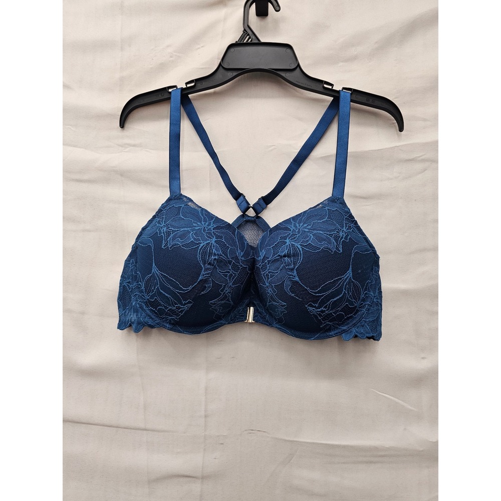 Auden Womens Lace Push Up Plunge Bra Blue Nylon Blend Casual Size 40C